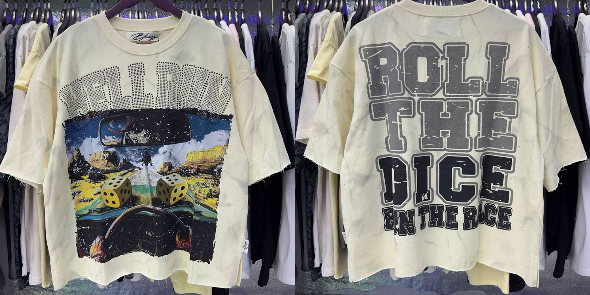 Vintage Roll The Dice Western Cropped T‑Shirt Rhinestone Highway Road Trip Raw Hem Oversized Streetwear Tee