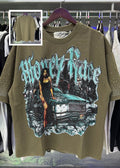 Vintage Roll The Dice Western Cropped T‑Shirt Rhinestone Highway Road Trip Raw Hem Oversized Streetwear Tee